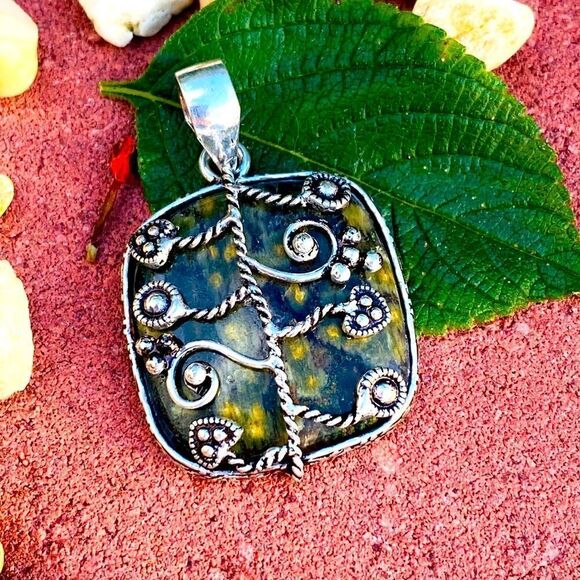 Ocean Sea Jasper Silver Ethnic Handmade Pendant - Picture 1 of 5
